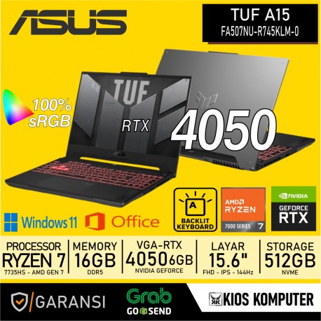 ASUS TUF A15 FA057NU RYZEN 7 7735HS 16GB DDR5 512GB SSD NVME RTX 4060-6GB 15.6" IPS-FHD-144Hz 100% sRGB W11+OHS