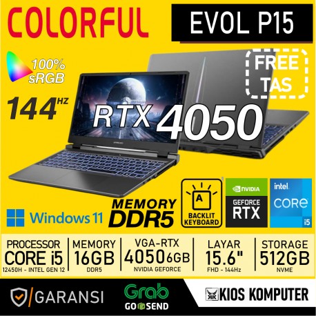 LAPTOP GAMING COLORFUL EVOL P15 23-HE55D I5-12450H 16GB DDR5 512GB SSD NVME RTX4050 6GB 15.6" FHD 144Hz 100% sRGB W11