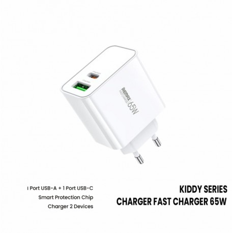 CHARGER DUAL PORT USBE TYPE-C & USB TYPE-A 65W REMAX RP-U125 KIDDY SERIES FAST CAHRGING