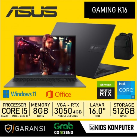 LAPTOP ASUS K16 K3605VC-1535B1T-HM I5 13420H 8GB DDR4 512GB NVME RTX 3050 16" WUXGA IPS 144Hz BACKLIT WINDOWS 11 GARANSI 1 TAHUN