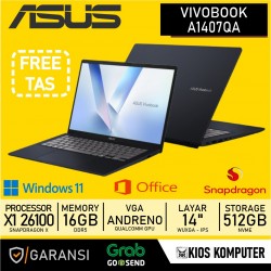 LAPTOP ASUS VIVOBOOK A1407Q SNAPDRAGON X X1 16GB DDR5 512GB NVMe Qualcomm Andreno GPU 14INCH WUXGA W11 + OHS