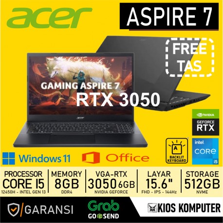 ACER ASPIRE 7 PRO INTEL CORE I5 - 12450H MEMORY 8GB STORAGE 512GB RTX 3050 6GB LAYAR 15.6INCH FHD IPS 144HZ W11