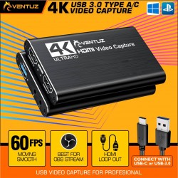 VENTUZ USB 3.0 TYPE A/C VIDEO CAPTURE CARD HDMI 4K 60FPS | HDCP
