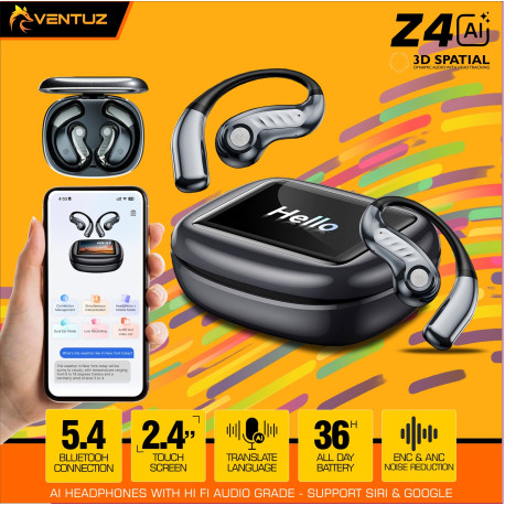VENTUZ AI WIRELESS TWS HEADSET Z4-AI LANGUAGE TRANSLATION EARBUDS REAL TIME LCD TOUCH SCREEN