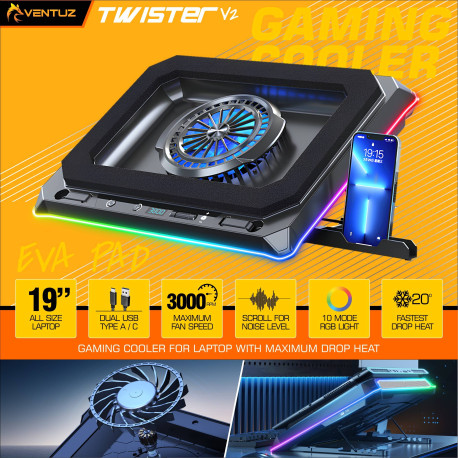 VENTUZ - GAMING COOLER PAD TWISTER V2 RAPID COOLING 3000RPM DUAL USB TYPE A / C