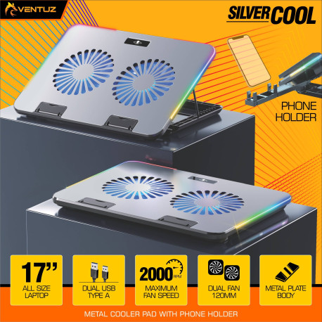 VENTUZ METAL COOLER PAD SILVER COOL 2000RPM RGB WITH HOLDER PHONE