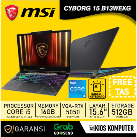 MSI CYBORG 15 B13WEKG INTEL CORE I5 13420H 16GB DDR5 512GB GEN 4 RTX 5050 8GB 15.6INCH 144HZ W11 OHS BP, RS