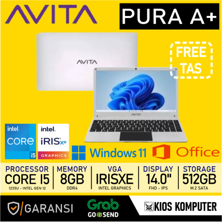 LAPTOP AVITA PURA A+ INTEL CORE I5 1235U 8GB 512GB W11 14" FHD GARANSI RESMI