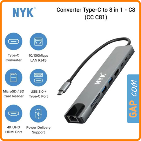 NYK CONVERTER 8IN1 TYPE C TO USB HUB RJ45 LAN HDMI HDTV CARD READER