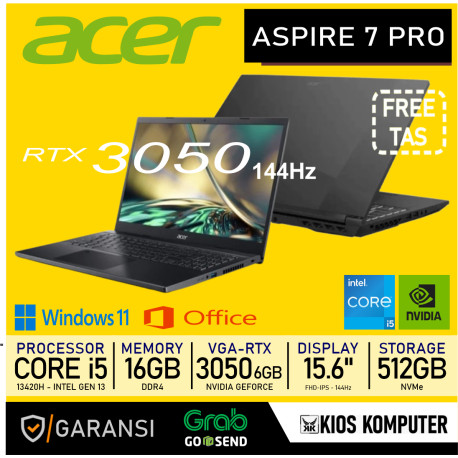 LAPTOP ACER ASPIRE 7 PRO (A715-59G-516G) CORE I5-13420H 16GB DDR4 RTX 3050 6GB 512GB NVME 15.6INCH FHD IPS 144HZ RS (2THN)