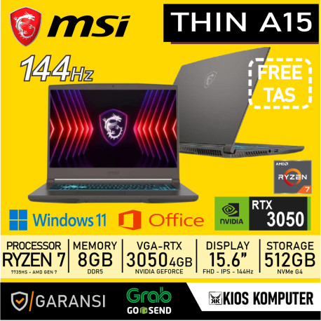 MSI THIN A15 (9S7-16RK11-664) RYZEN 7-7735HS 8GB DDR5 512GB NVME RTX3050 4GB 15.6" FHD 144HZ W11