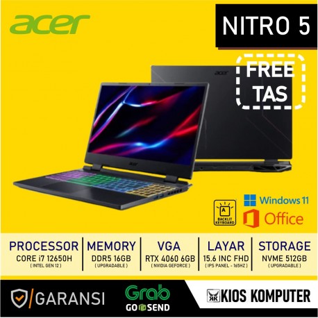 ACER NITRO 5 CORE i7 12650H 16GB DDR5 512GB NVME RTX 4060 6GB 15.6" FHD IPS 165HZ W11 OHS